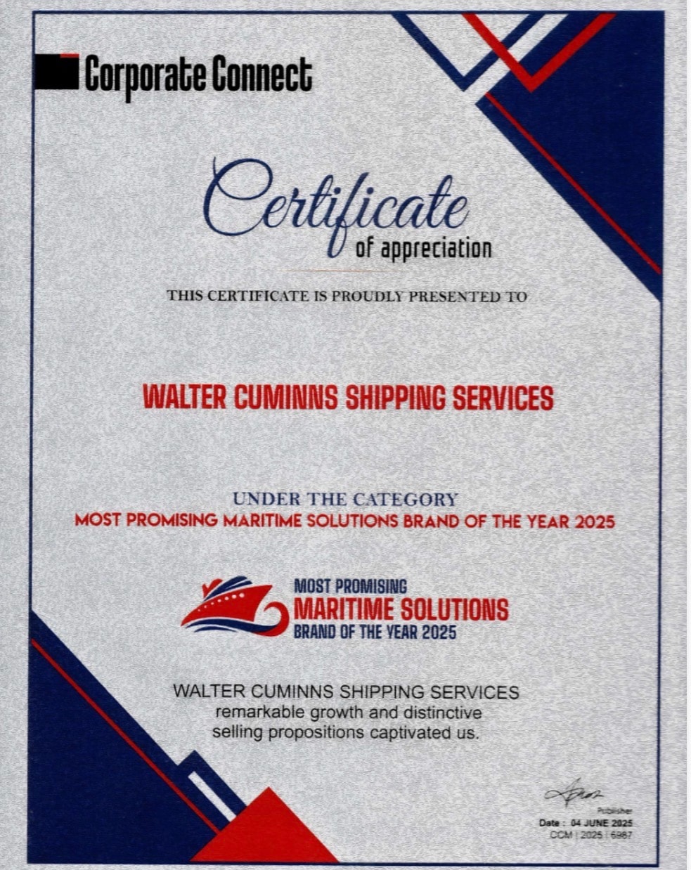 Most Promising Maritime Solutions Brand of the Year 2025 — Corporate Connect
